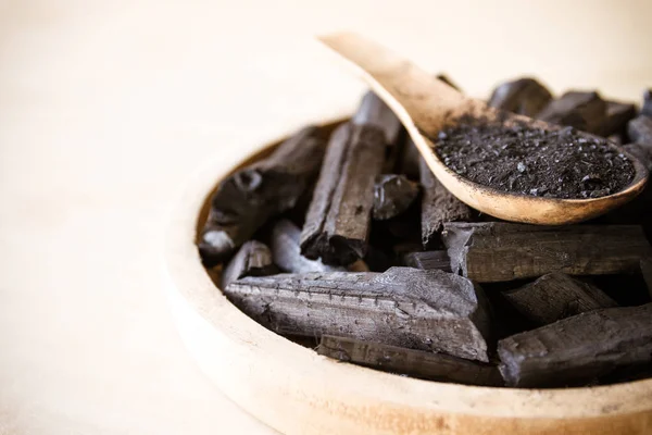 Charcoal Charcoal Powder Wooden Spoon Selective Focus — Stock Photo, Image