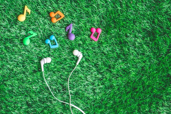 Vista Superior Auriculares Sobre Fondo Hierba Verde — Foto de Stock