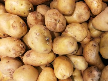 Süpermarkette taze organik patates yığını.