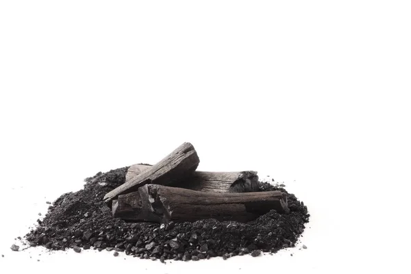 Charcoal and powder (activated carbon) on white background. Free space for text — Stock Photo, Image