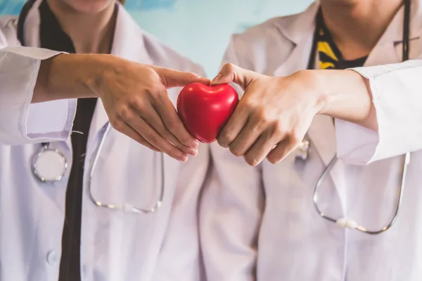 Dois médicos segurando coração vermelho, conceito de cuidados de saúde . — Fotografia de Stock