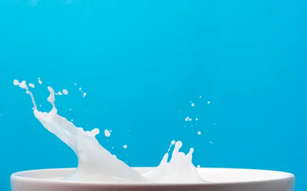 Розщеплення молока з чашки на синьому фоні . — стокове фото