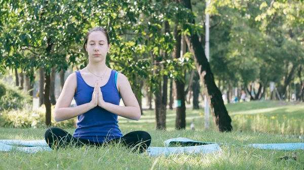 Hermosa mujer haciendo ejercicios de yoga en el parque. Concepto de estilo de vida saludable . — Foto de Stock