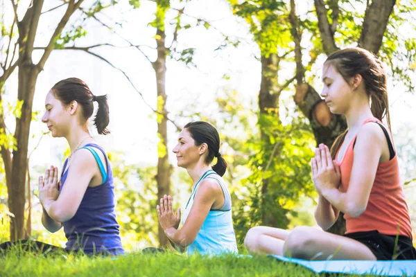 Grupo de mujeres haciendo ejercicios de yoga en el parque. Concepto de estilo de vida saludable . — Foto de Stock