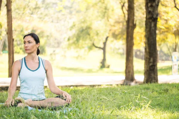 Hermosa mujer haciendo ejercicios de yoga en el parque. Concepto de estilo de vida saludable . — Foto de Stock