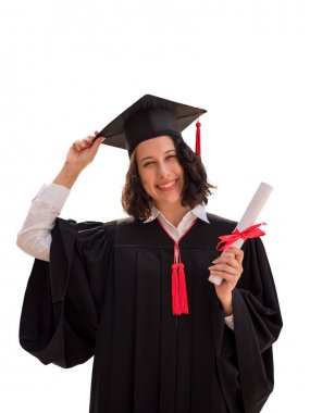 Mezuniyet kep ve beyaz arka plan üzerinde başarılı konsepti izole diploma tutan elbisesi olan kadın portresi
