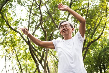 Bir parkta fiziksel egzersiz yaparak üst düzey Asya adam. Sağlık kavramı