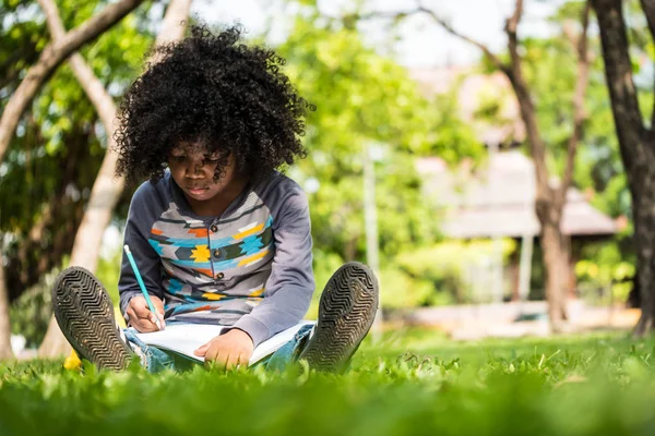 Un niño pequeño escribiendo en un cuaderno mientras está sentado sobre hierba verde en un parque — Foto de Stock