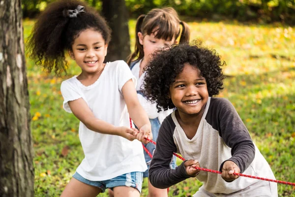 Kötélhúzás a parkban játszó gyerekeket boldog csoportja — Stock Fotó