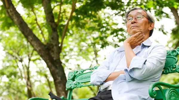 Happy Asian Man Sitting Bench Park — Stock Photo, Image