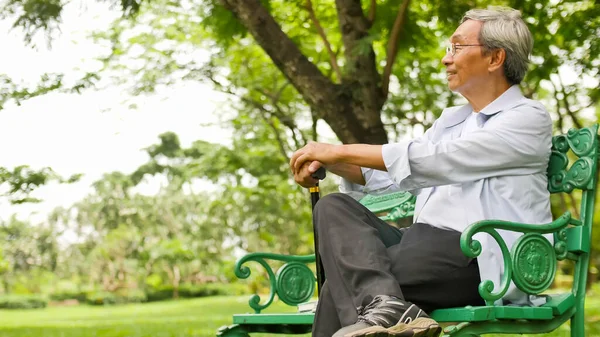 Χαρούμενος Ασιάτης Κάθεται Ένα Παγκάκι Στο Πάρκο — Φωτογραφία Αρχείου