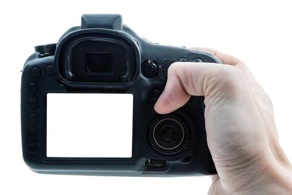 Siyah Bir Dijital Kameranın Düğmesine Basarak Erkek Elini Kapat — Stok fotoğraf