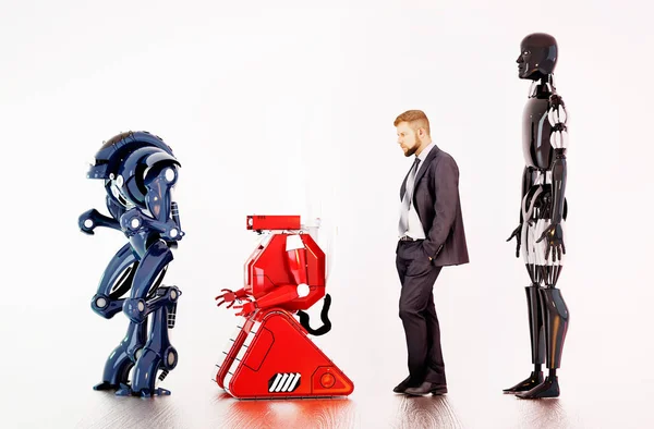 A man waiting in a line between robots — Stock Photo, Image