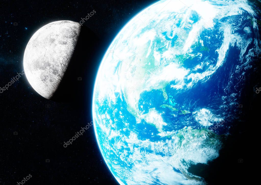 3d photorealistic rendering of Earth and moon.