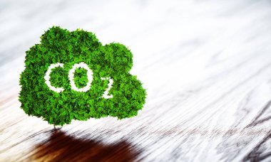 Ahşap zemin üzerine yeşil ekoloji Co2 simgesi