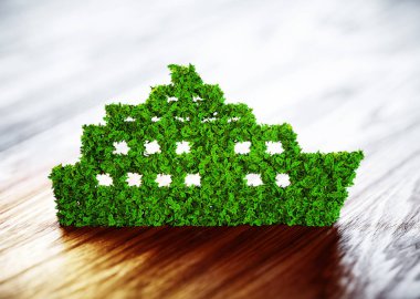 Ekoloji gemi kavramı. ahşap arka plan üzerinde 3D çizim.