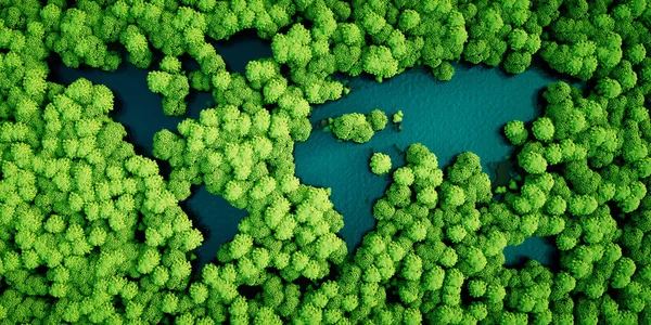 Rainforest lakes in the shape of world continents. Environmental — Stock Photo, Image