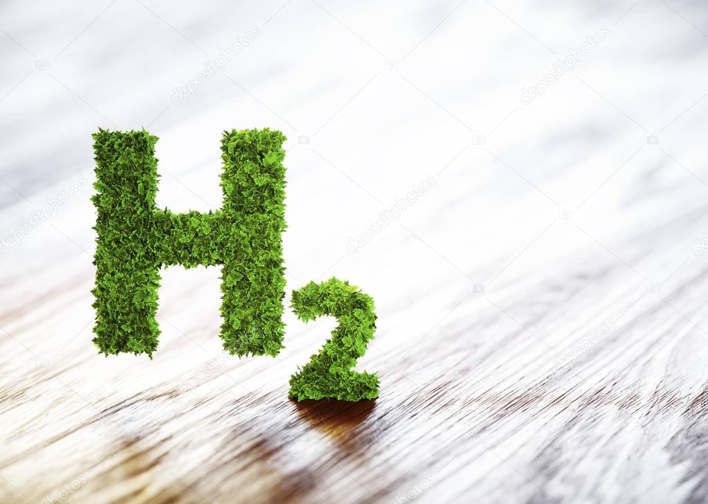 Green hydrogen element sign on blurred wooden background. 3D ill