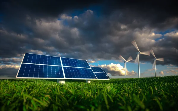 Förnybar energikoncept - solceller och vindkraftverk på en — Stockfoto