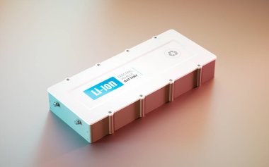 Ev (elektrikli araç) Li-İyon batarya kavramı. uzak manzara. 3D r