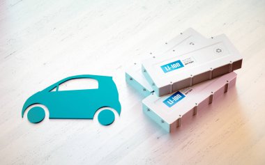 Li-iyon elektrikli araç pil kavramı. Araba sembolü Ev Akü ile