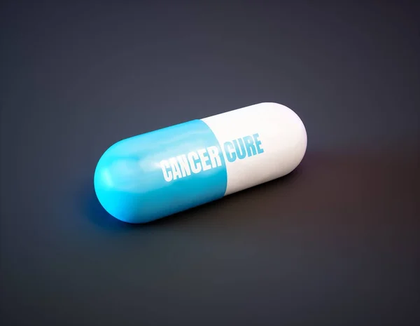 Cancer therapy drug concept. Blue pill with text on black backgr — Stock Photo, Image