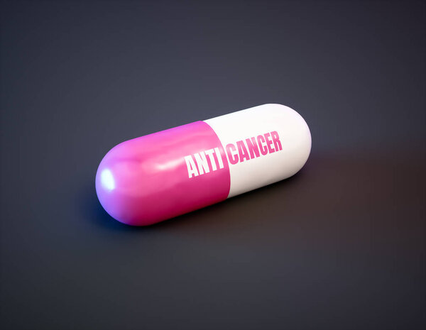Cancer therapy drugs concept. Pink pill with text on black backg
