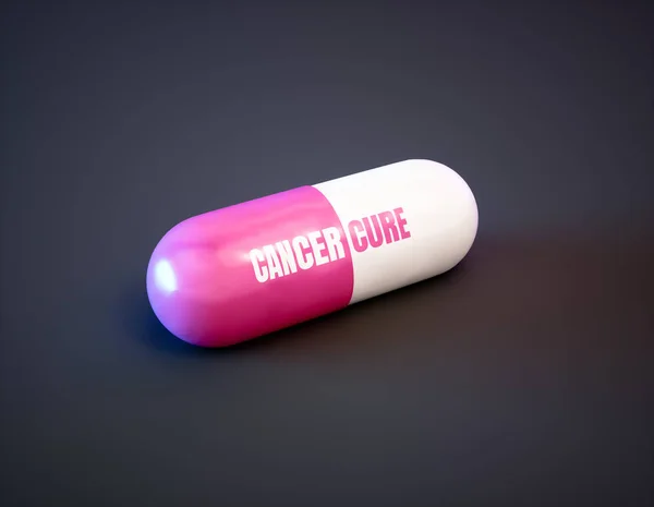 Cáncer cura el concepto de drogas. Pastilla rosa con texto sobre fondo negro — Foto de Stock