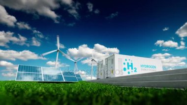 Ekoloji enerji çözümü. Gaz kavramı güç. Hidrojen enerji depolama ile yenilenebilir enerji kaynakları - taze bir doğa fotovoltaik ve rüzgar türbini elektrik santrali. 3D render.