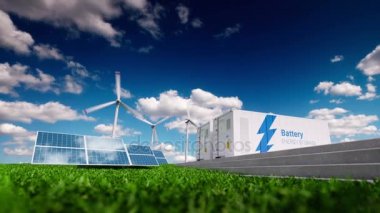 Yenilenebilir enerji depolama sistemi kavramı. Yenilenebilir enerji - fotovoltaik, Rüzgar türbinleri ve pil kap taze doğa içinde. 3D render.