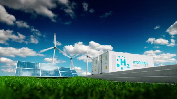Ekologie energetických řešení. Moc plynu konceptu. Skladování energie vodíku s použitím obnovitelných zdrojů - fotovoltaické a větrné turbíny elektrárny v svěží přírody. 3D vykreslování.