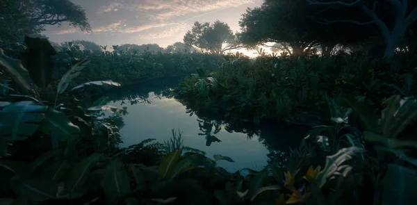 Hermosa Puesta Sol Paraíso Selva Densa Vegetación Selva Tropical Río — Foto de Stock