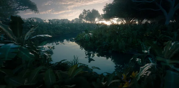 Schöner Sonnenuntergang Dschungel Paradies Dichte Regenwaldvegetation Und Ruhiger Fluss Darstellung Stockbild