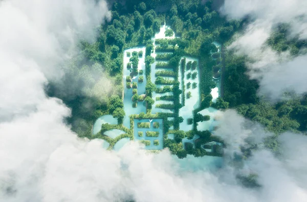 Yeni Yeşil Şehircilik Kavramı Saf Taze Yağmur Ormanı Manzarasının Ortasındaki — Stok fotoğraf