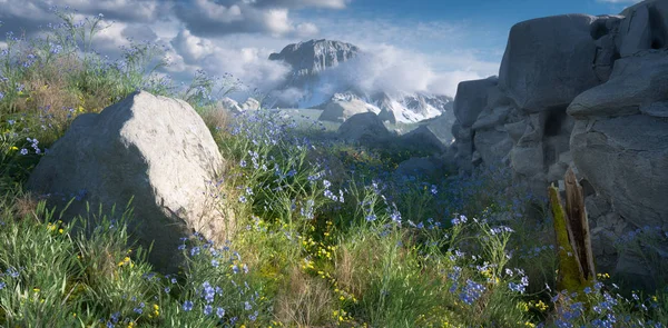 Frische Und Wilde Gebirgsfelsen Almlandschaft Mit Weit Entfernten Berggipfeln Die — Stockfoto