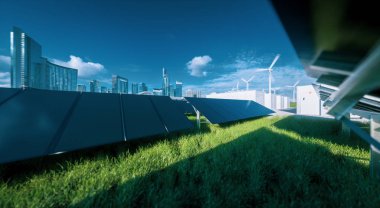 Modern siyah çerçevesiz güneş paneli çiftliği, pil enerji deposu ve mavi gökyüzünün altındaki taze yeşil çimlerde rüzgar türbinleri - yeşil sürdürülebilir enerji sistemi kavramı. 3d oluşturma.