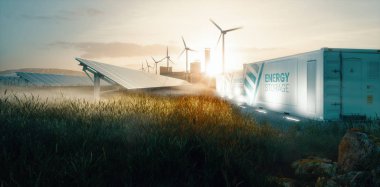 Günbatımında akıllı şebekeler için yenilenebilir enerji sistemi çözümü. 3d oluşturma