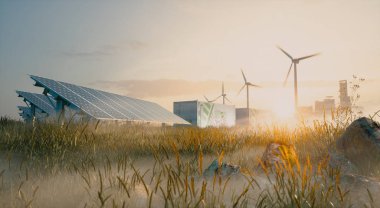 Güzel sabah ışığında yenilenebilir enerji çözeltisi kavramı. Güneş enerjisi santralinin kurulumu, konteynır enerji depolama sistemleri, arka planda rüzgar türbini çiftliği ve şehir. 3d oluşturma.