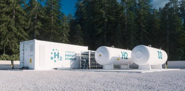 Çevre dostu yenilenebilir enerji depolama çözümü - ormandaki elektrik santralini temizlemek için hidrojen gazı. 3d oluşturma.