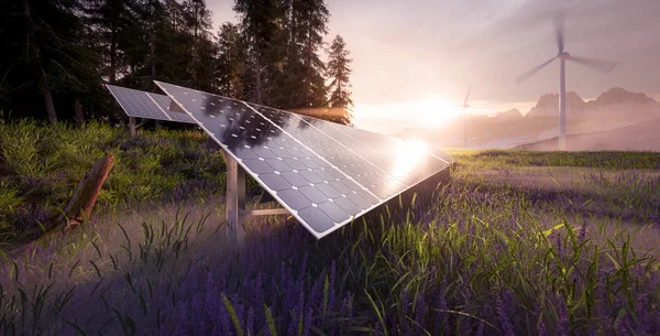 Instalação Ambientalmente Amigável Usina Fotovoltaica Parque Turbinas Eólicas Situado Belas — Fotografia de Stock