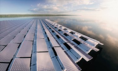 Concept of a floating solar panel array in beautifull calm morning lake with distant wild forest in background. 3d rendering. clipart