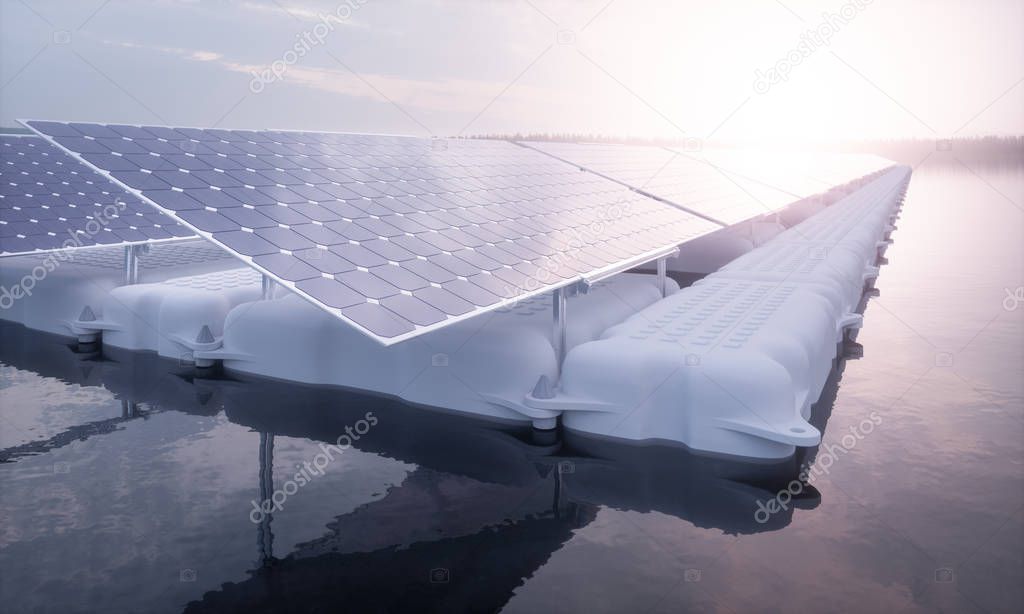 A closeup picture of a floating array of solar panels installed on a white pontoon in a magical purple morning light setting with a distant foggy forest in the background. 3D render.