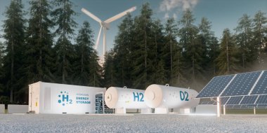 Yenilenebilir kaynaklardan hidrojen depolama kavramı - rüzgar türbinleri ve fotovoltaikler. 3d oluşturma