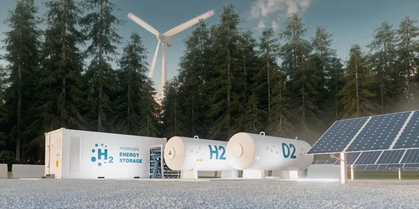 Konzept Der Speicherung Von Wasserstoff Aus Erneuerbaren Quellen Windturbinen Und — Stockfoto