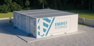 Enerji depolama ünitesi kavramı bataryalı birden fazla konteynırdan oluşur. 3d Kırpma.