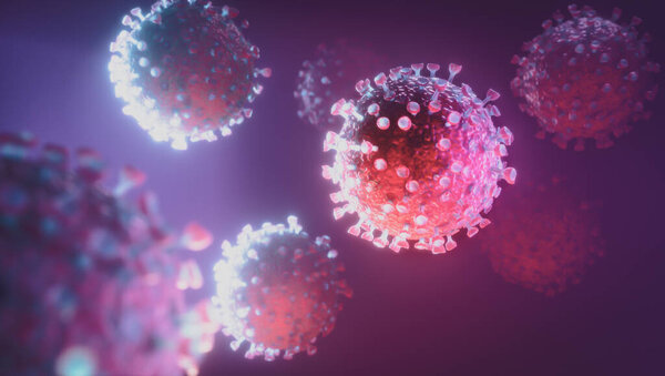 Concept of multiple covid 19  coronavirus on purple background. 3d illustration.