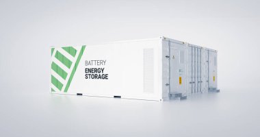 Enerji depolama ünitesi kavramı - bataryalı birden fazla konteynır. 3d hazırlama.