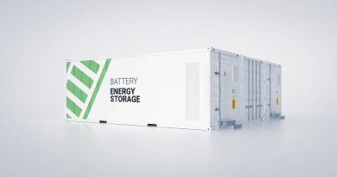 Concept of energy storage unit - multiple conected containers with batteries. 3d rendnering. clipart