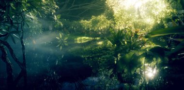 Orman cenneti konsepti. Derin ve yoğun yağmur ormanları, göletli ve güzel güneş ışığıyla. 3d oluşturma.