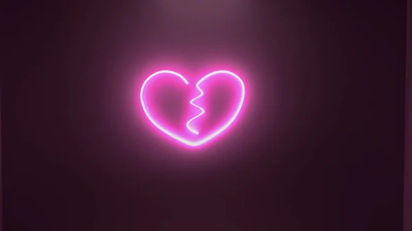 3D render illustration of heart break neon light sign on the wall
